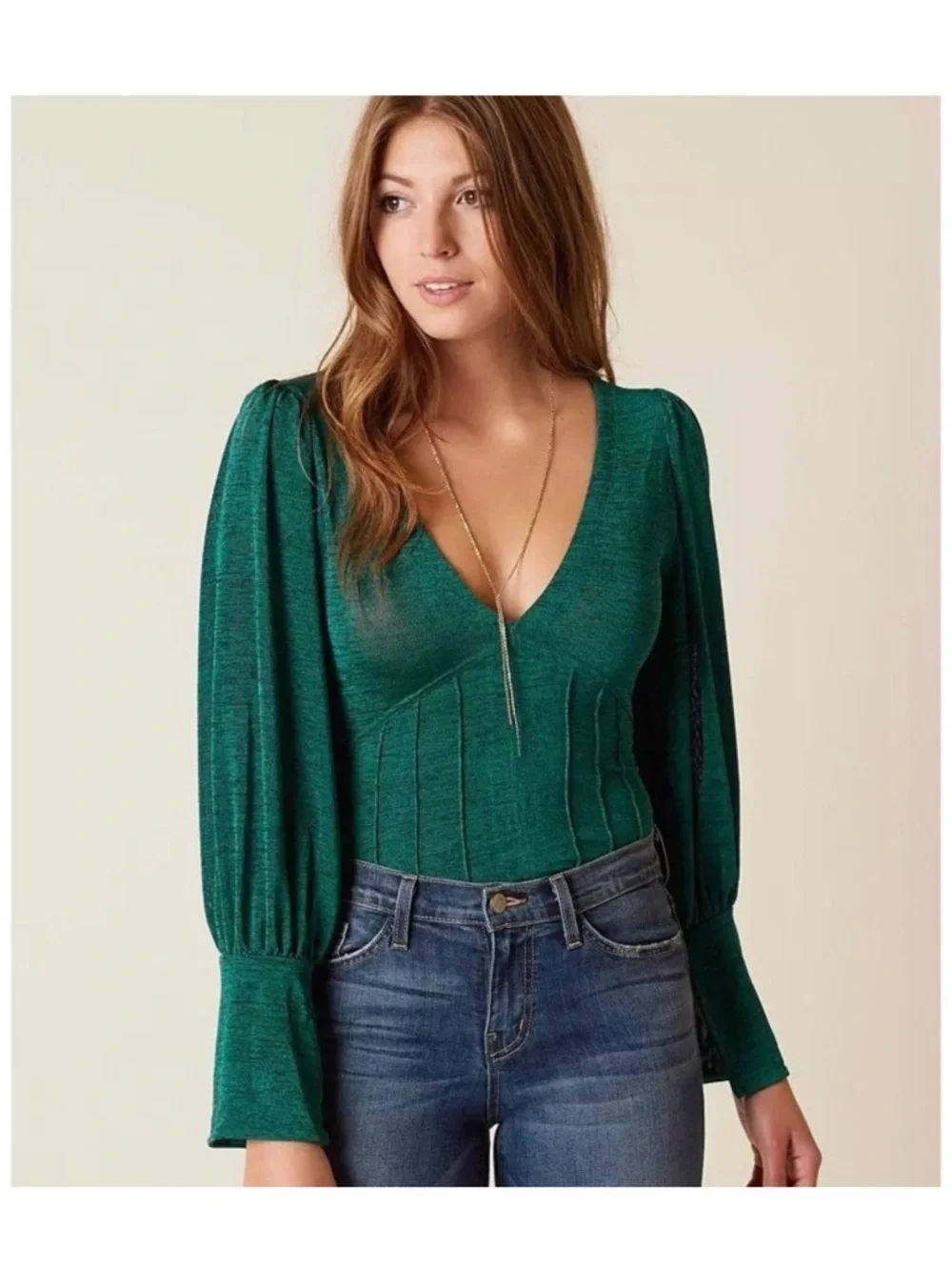 Free People Killer Queen Teal Knit V-Neck Puff Long Sleeve Stretch Blouse S